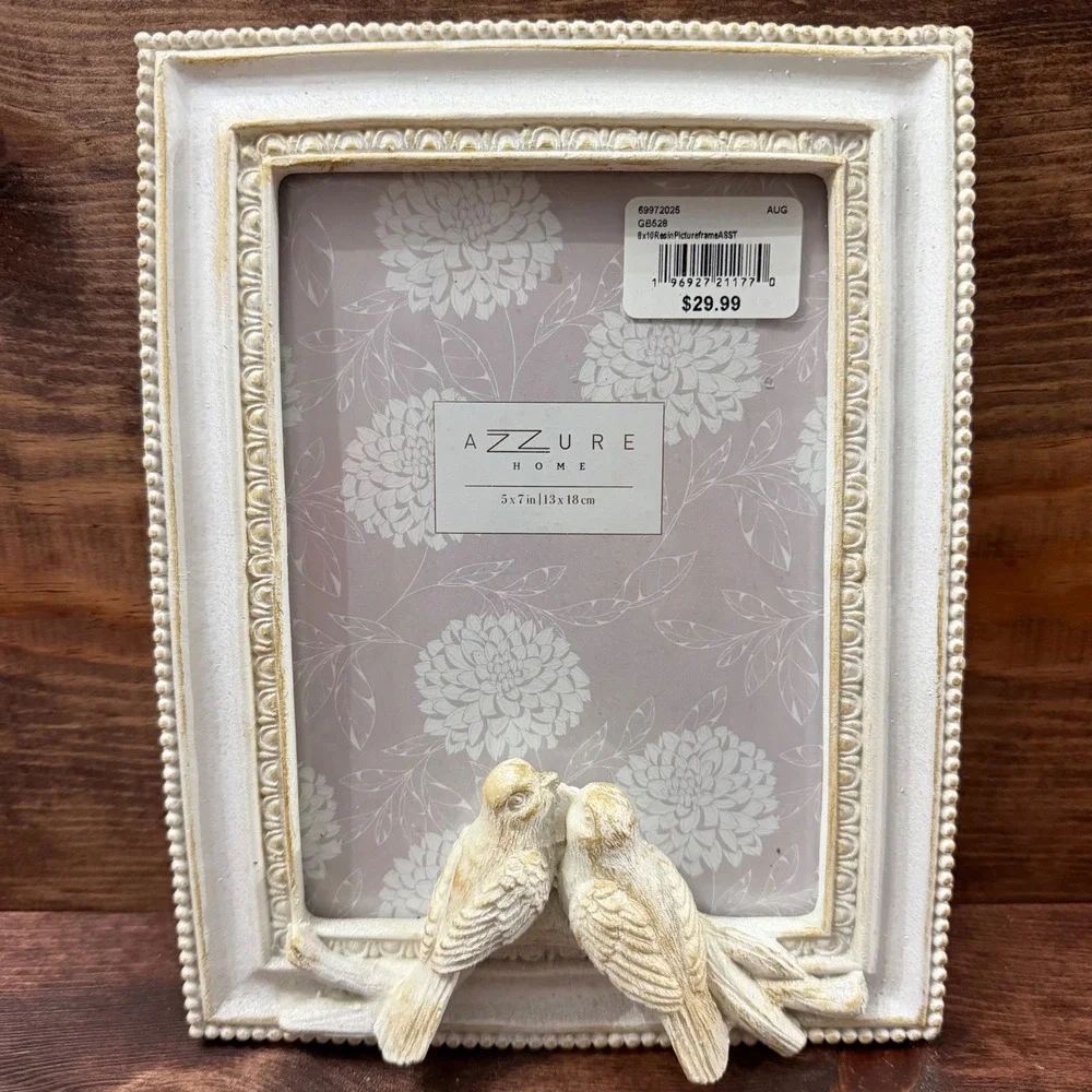 New Azzure Home 5x7 Distressed White Resin w 2 Perched Birds Picture Frame